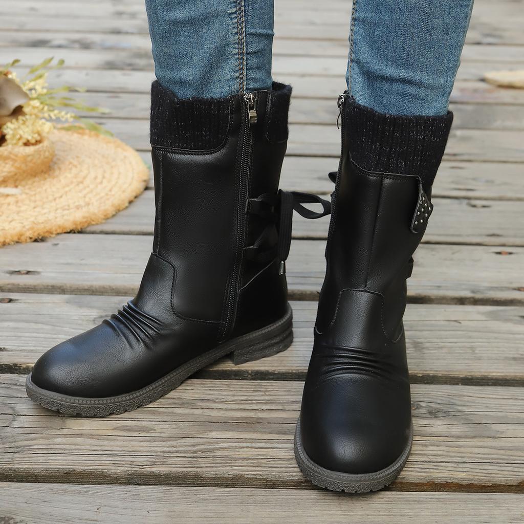 Damenstiefel in Übergröße, Neue Winterstiefel für , Modische Stiefel mit dickem Absatz und mittellangem Schaft aus Wolle