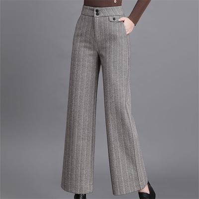 Autumn Winter Korean Stytle Thickened WarmWool Wide Leg Pants Womens Fashion Striped High Waist Loose Straight Casual Trousers