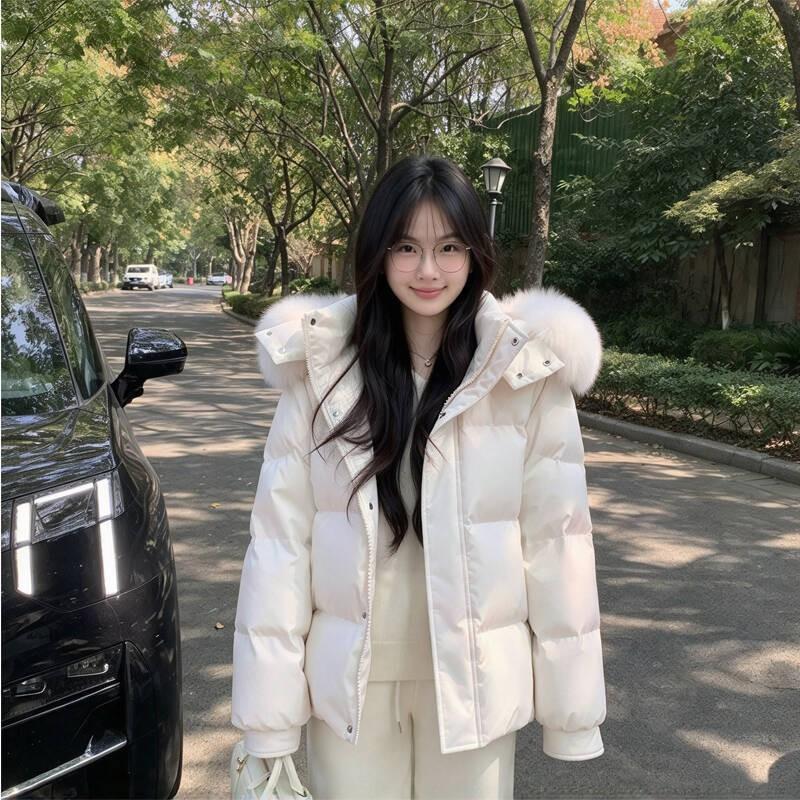 Womens Short Hooded Puffer Jacket With Faux Fur Trim Pink 90 White Duck Down Winter Coat