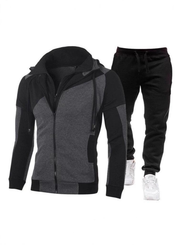 Men's Spring/Autumn Sporty Patchwork Jacket & Long Pants Set with Hood