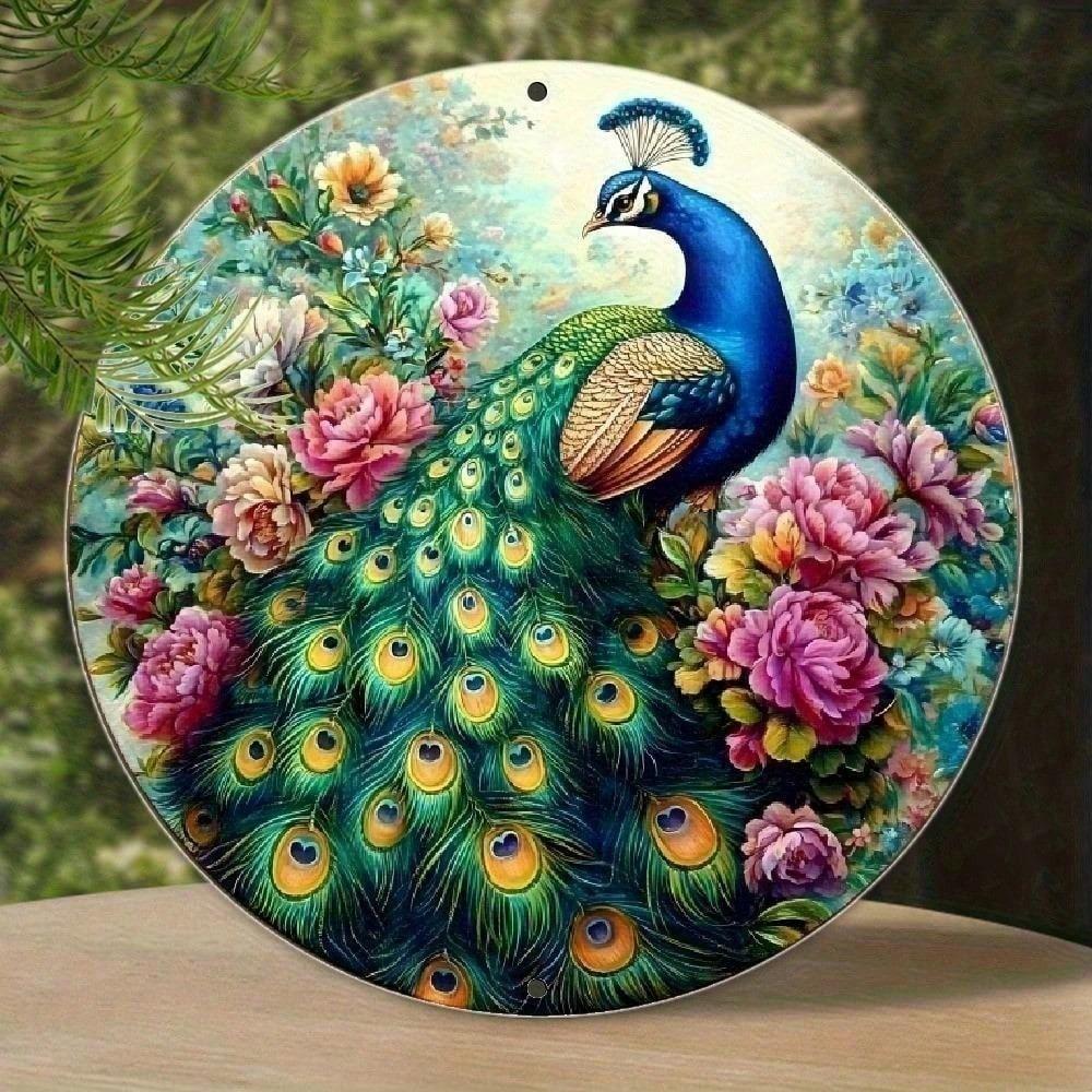 Rainbow Peacock Metal Wall Art, Vintage Aluminum Round Sign 8x8 Inch, Home Decor for Garden Garage Bar