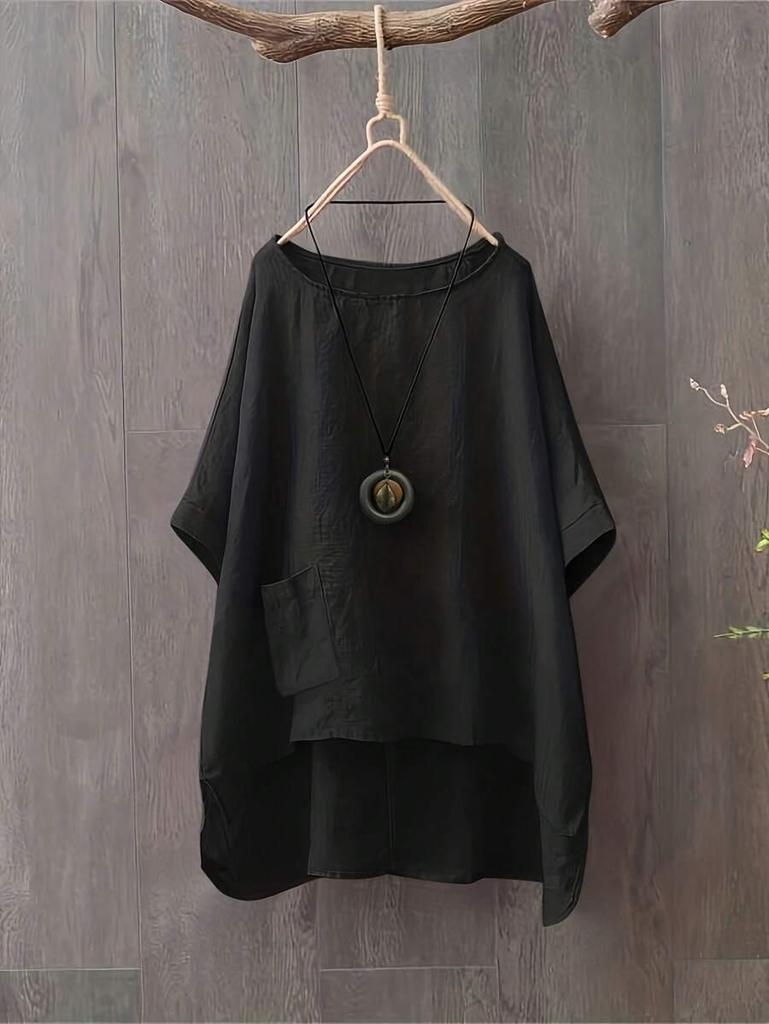 2025 Summer Fashion Plus Size Women's Round Neck Pocket Solid Color Irregular T-Shirt