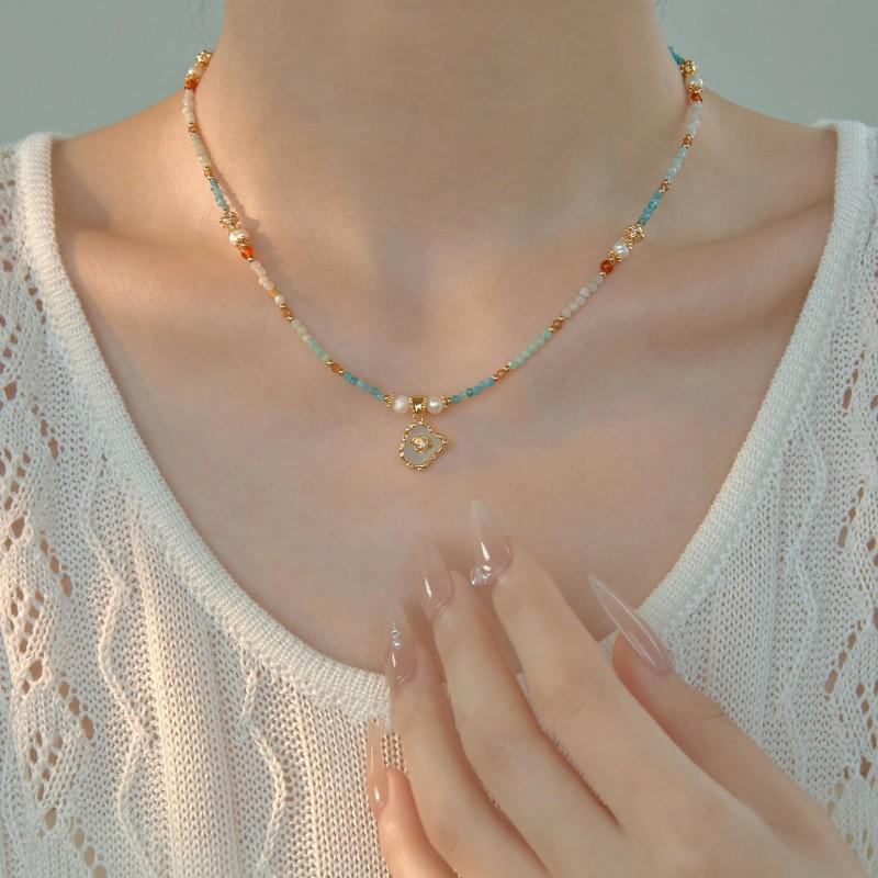Chinese Style Blue Tungsten Freshwater Pearl Beaded Clavicle Chain Necklace Medieval Style for Women Jewelry Accessories