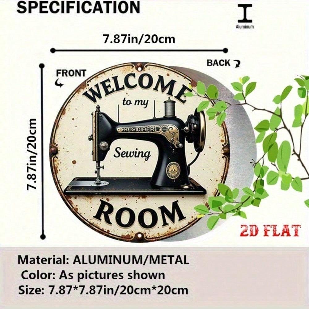 Vintage Round Welcome To My Sewing Room Metal Sign Rustic Wall Art Sewing Machine Design Cute Home Decor