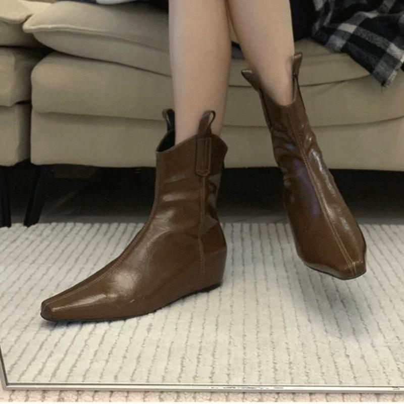 Skinny Single Boots Women's Autumn New Square Toe Simple and Versatile Wedge Heel Inside Heightening Non-Slip Booties