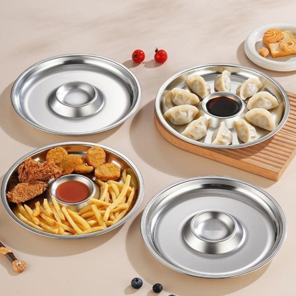 Salad Plate Stainless Steel Dumpling Plate Circular Shape Drop-proof Snack Plate Convenient Tableware Seasoning Platter Fruit