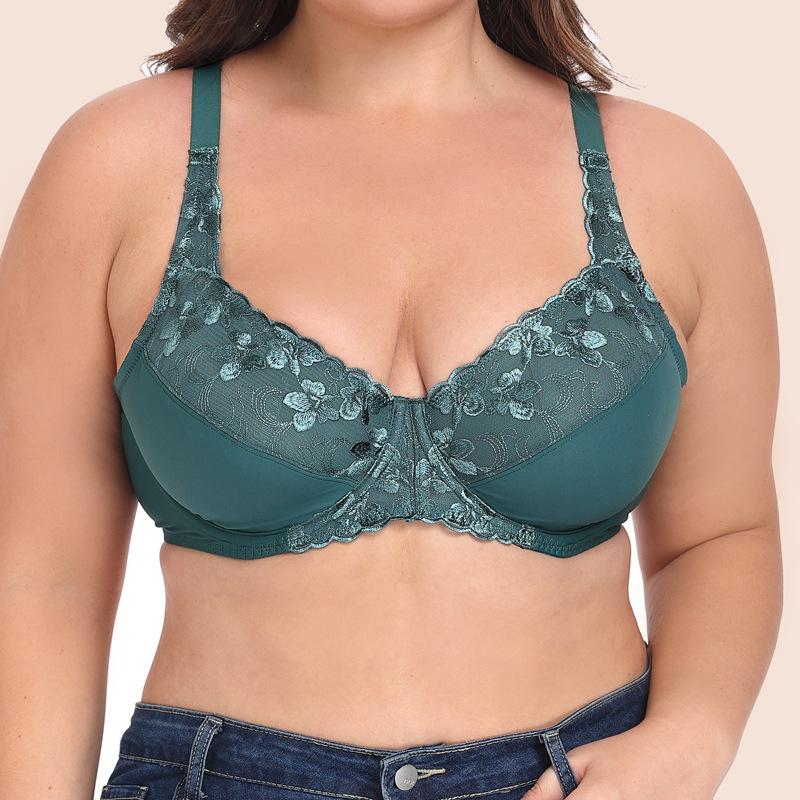 European and American Fresh Dark Green Exquisite Embroidery Underwear Ultra-thin Large Size Full Cup Bra