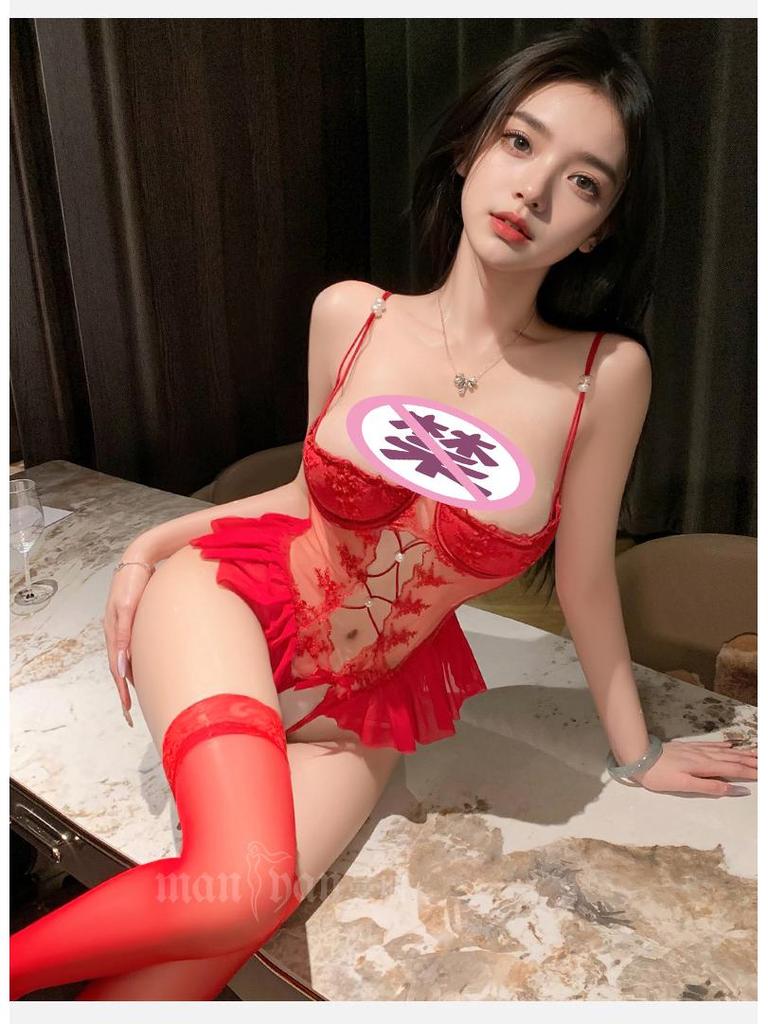 Man Yan New Year Battle Robe: Sexy See-Through Lace Spaghetti Strap Bodysuit with Open Crotch (9112)