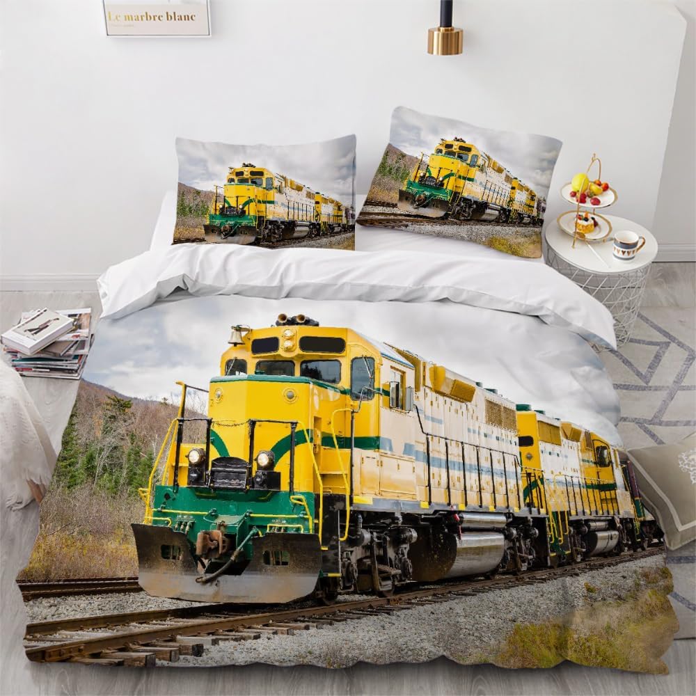 Train Duvet Cover set 2 Pieces, Soft Microfiber Bedding Set with Zipper Closure 3D Retro Train Comforter Cover with Pillowcases