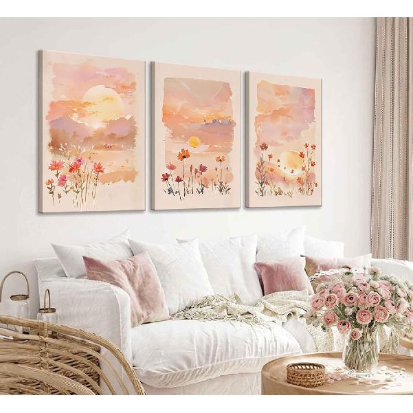 3 Pieces Sunrise Canvas Wall Art Blush Pink Wildflowers Floral and Orange Sunset Watercolor Landscape Paintings Pictures Wall Decor Poster Print