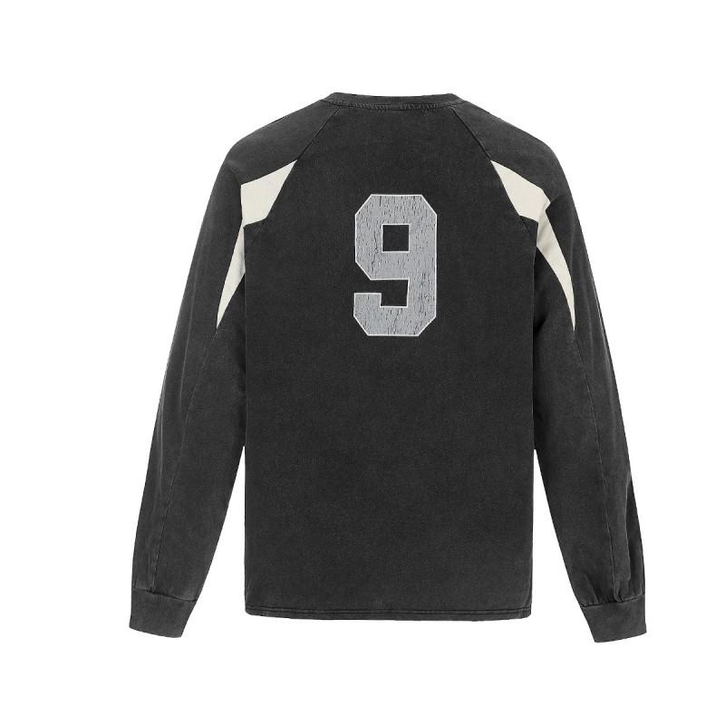 Mens Long Sleeve Cotton T-Shirt Vintage Washed Retro Moto Style Loose Fit Sport Graphic Tee