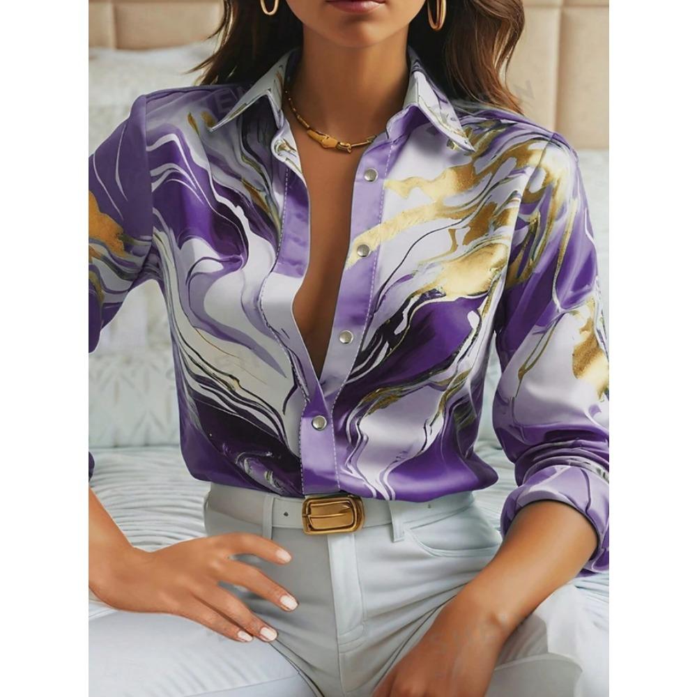 Marble Print Women Blouse Spring Autumn Femme Office Lady Button Up Turn Down Collar Shirts