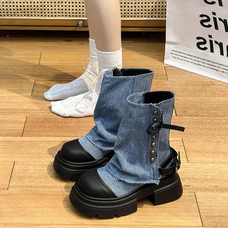 Niche design pants boots women's Korean version doll head muffin bottom cowboy boots fashion versatile medium boots cigarette boots