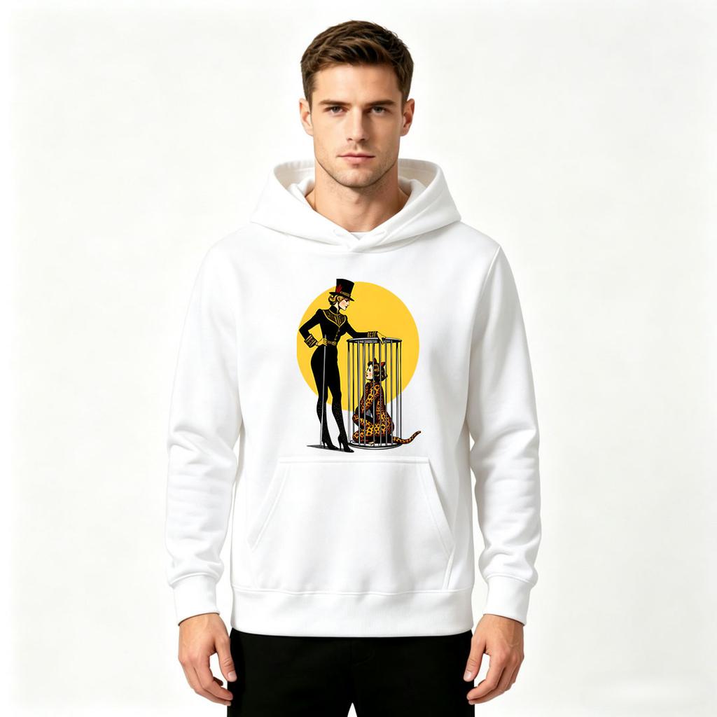 Men's Hoodie, Vintage Circus Tamer Caged Leopard Woman Print Pullover Casual Long Sleeve Hooded Sweatshirt
