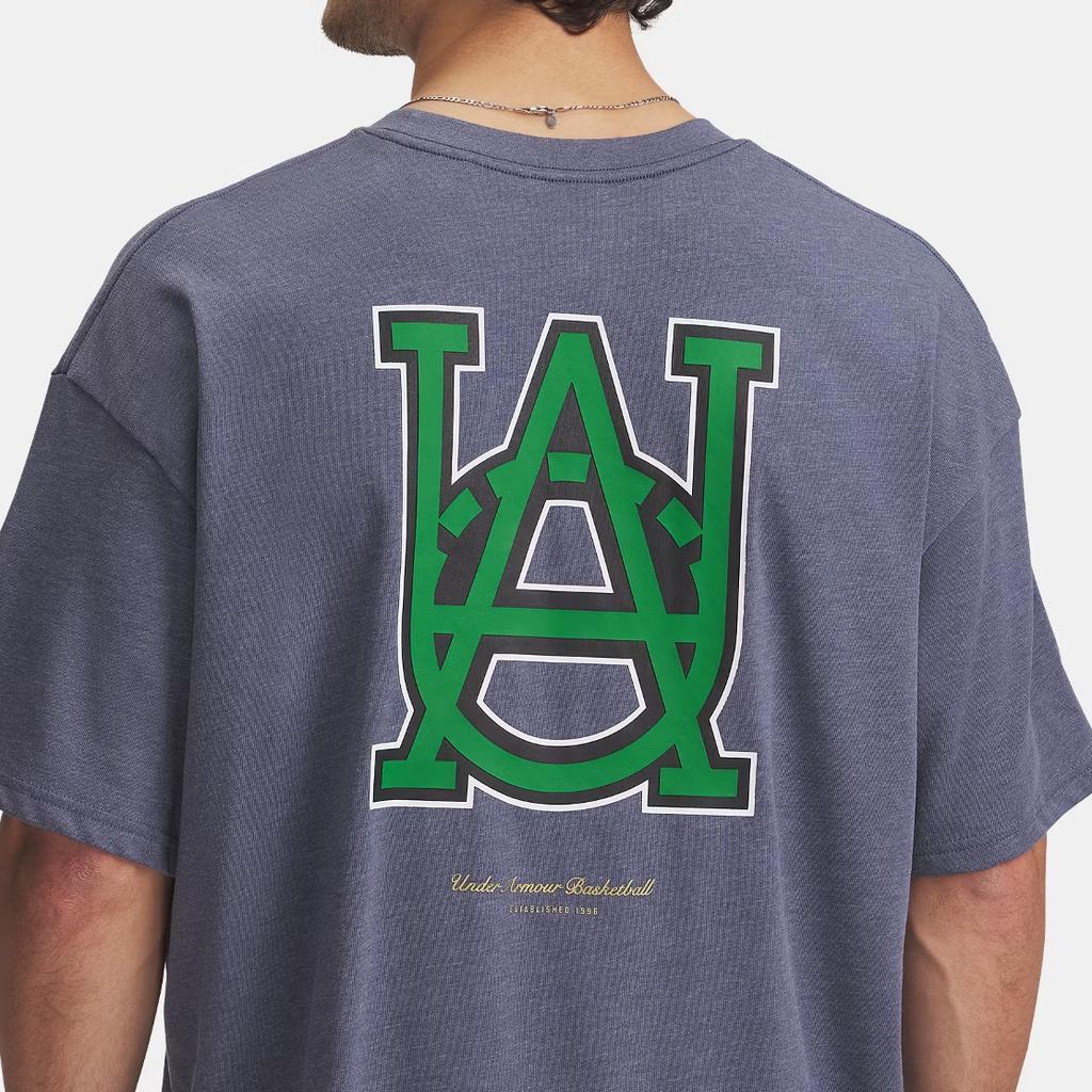 Under Armour Heavyweight Hoops Courtside Comfortable Soft Loose Short Sleeve T-Shirt Men Tops Rain-Gray Kelly-Green 1390191-044