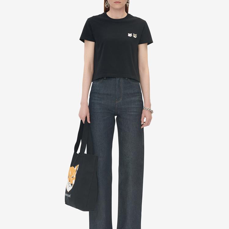 Maison Kitsune Ss22 Solid Color Fox Head Embroidered Crew Neck Short Sleeve T-Shirt Women Tops Black JW00125KJ0008-P199