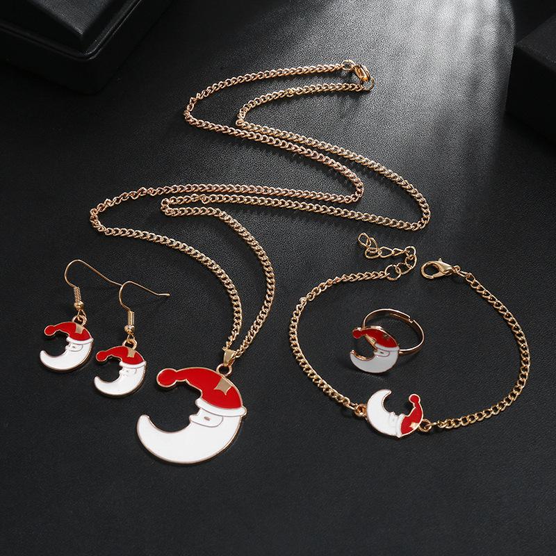 Christmas Necklace Set, Cute Santa Drip Oil Alloy Ring Earrings Bracelet Combination Set