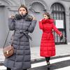 Winter Koreanischer Stil Langer Schnürung Über das Knie Verdickter Baumwollmantel für Damen Einfarbige Mit Kapuze Mit Großem Pelzkragen