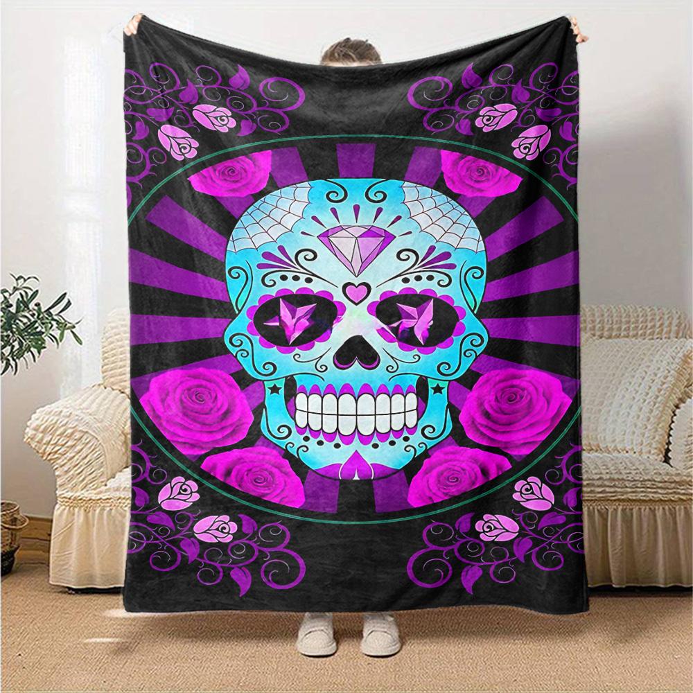 1pc Sugar Skull Roses Throw Blanket Soft Flannel, Cozy All Season Polyester Perfect for Home, Office