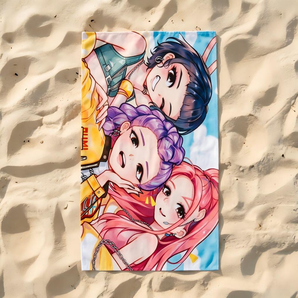 Cute Chibi Anime K-pop Girls Printed Beach Towel Bath Blanket Portable Decor Gift For Fans Kids Girls Pool Picnic Summer Travel