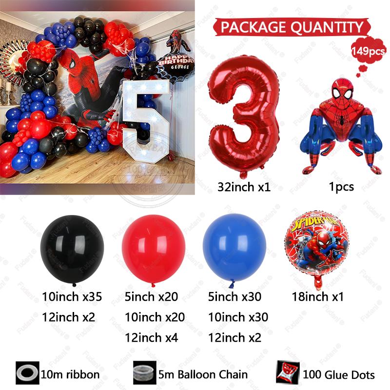 149pcs Kids Birthday Red Blue Balloons Garland Arch Kit For Party Decors Age 1-9 Spiderman 3D Marvel Foil Balloons Air Globos