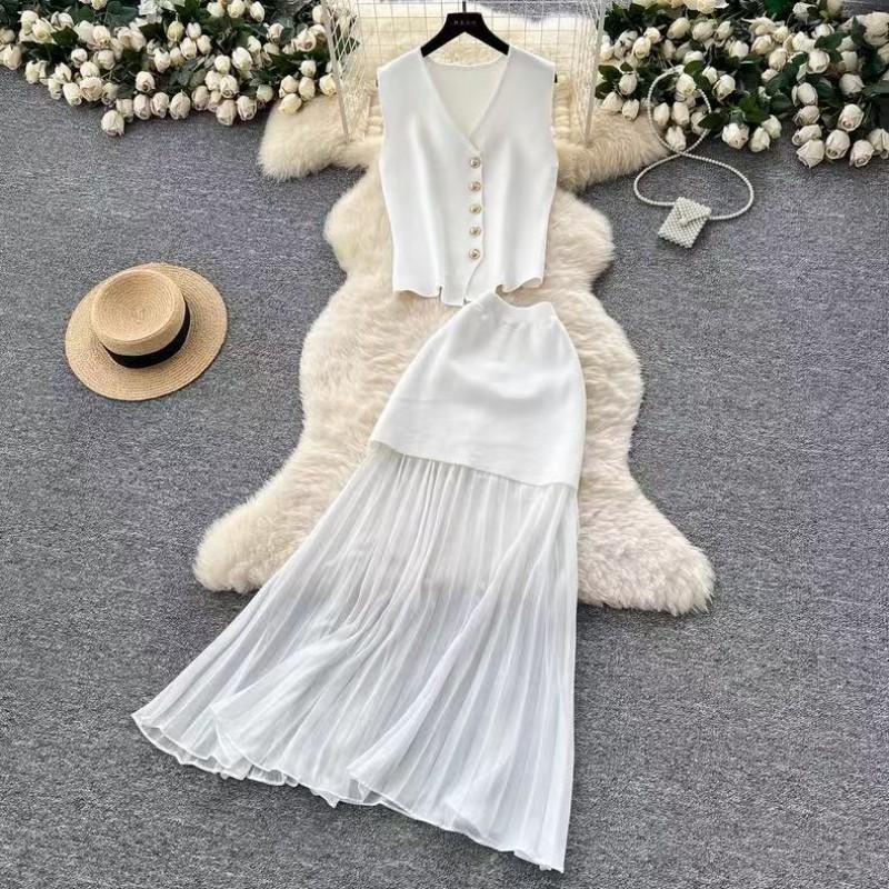Completo Abbigliamento Donna Top Corto Senza Maniche Gonna Pieghettata Set Due Pezzi Stile Occidentale Uso Quotidiano per il Pendolarismo