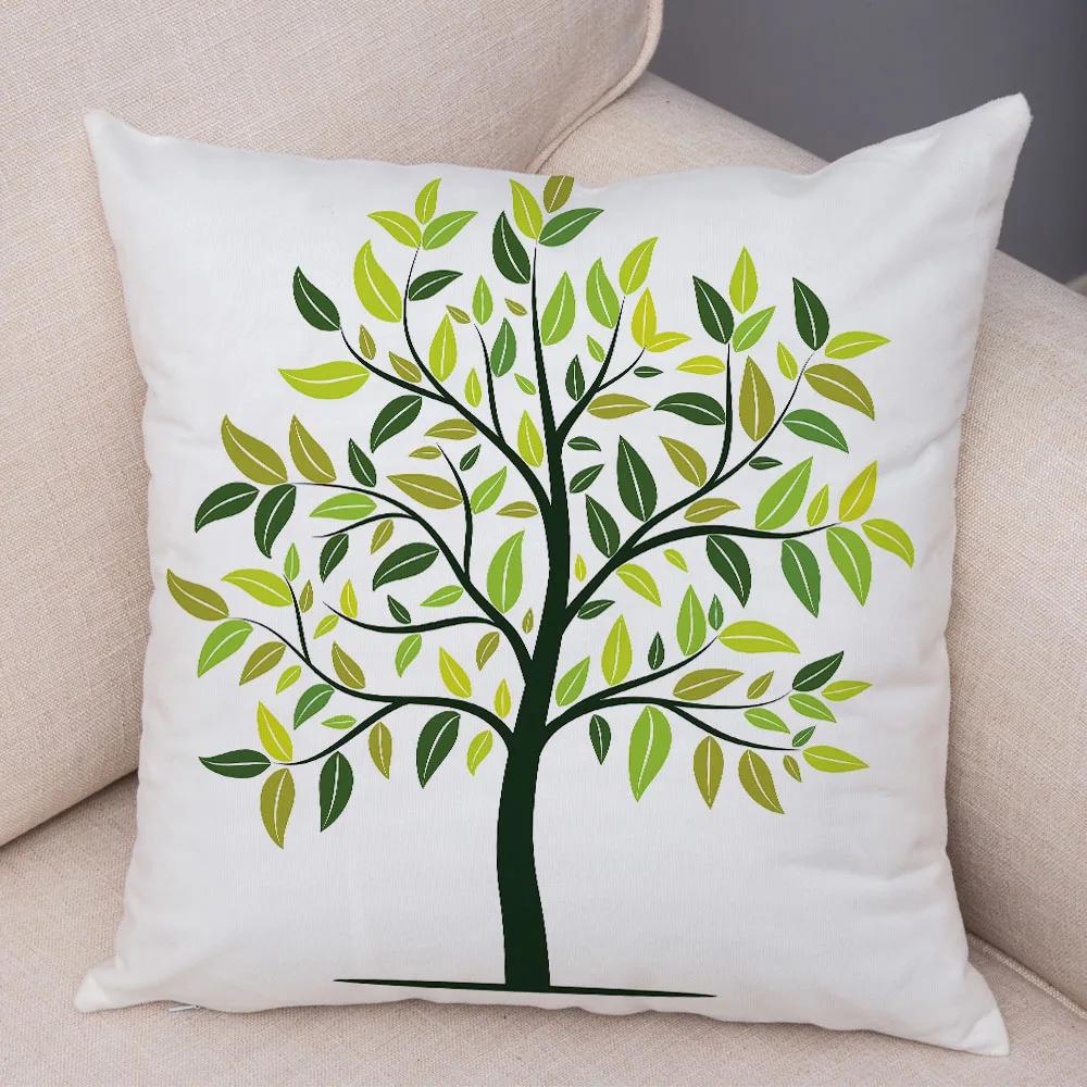 Nordic Style Green Leaf Cushion Cover Decor Cartoon Tree Print Pillow Case for Sofa Home Car 45x45cm Soft Plush Pillowcase