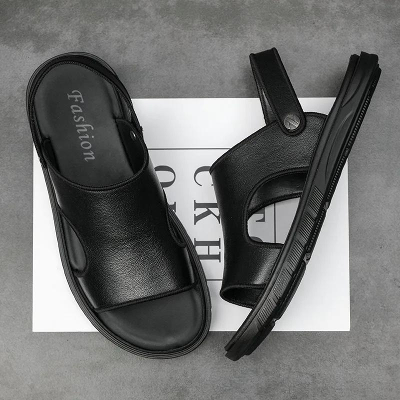 Fashion Summer Top Layer Cowhide Men's Beach Sandals Genuine Leather Casual Slippers  Men Shoes