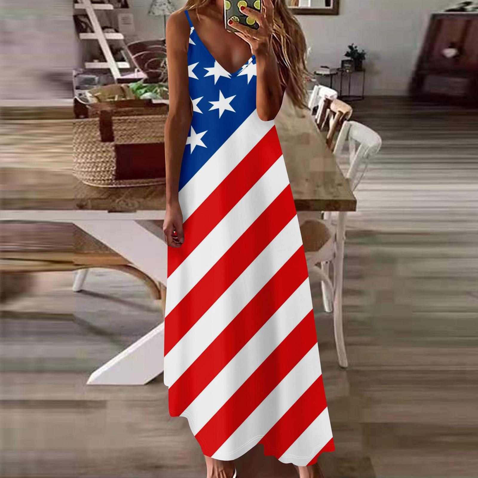 

Women s Loose Independence Day Casual Slim V-neck Solid Color Imitation Cotton Fashion Overalls Skirt XXL