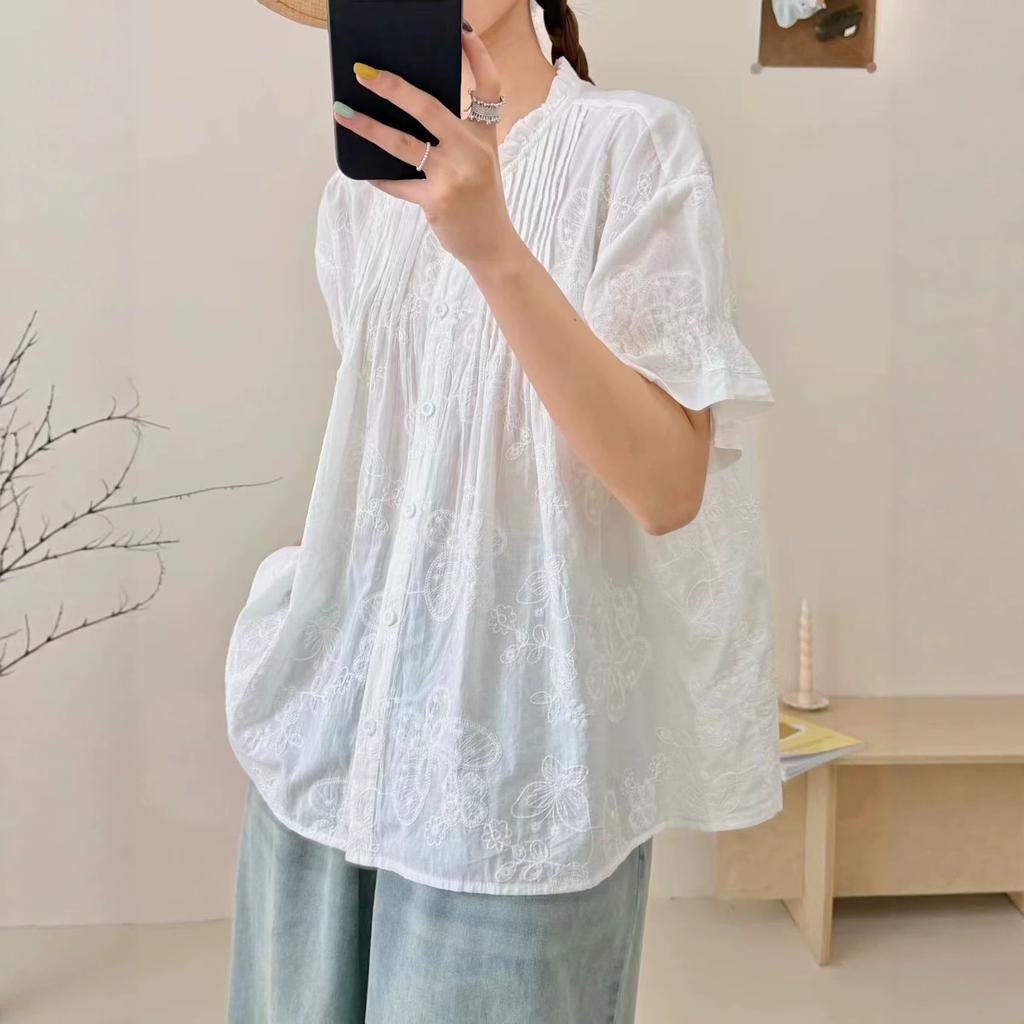 1116 Summer New Women's Crew Neck Japanese Cotton Shirt Loose Shirt Top Cardigan Vintage Mori Women's Clothing Age Reduction