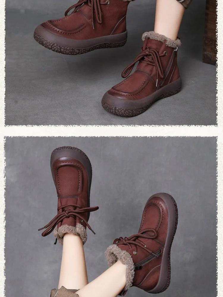 Johnature Botas Curtas de Lã em Couro Genuíno Casuais Quentes e Peludas com Solado Macio Botas de Algodão Femininas