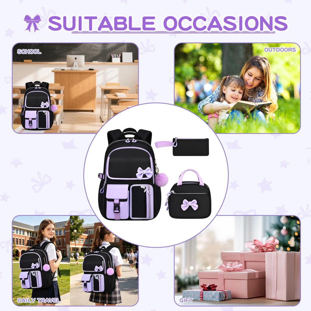 Large Capacity Bow Three-Piece Backpack Set for Girls: Perfect for Junior, Senior High, and College Students