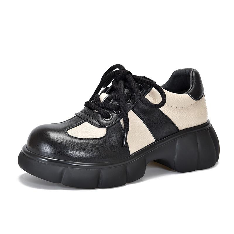 Johnature Thick Soled Retro Genuine Leather Women's Shoes Pumps Round Toe Lace Up Mixed Colors Platform Shoes