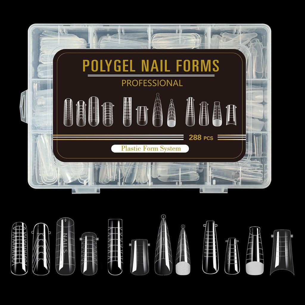 Forma na nail art, Smíšených 12 typů, Křišťálový nehtový dílek pro prodlužování rukou bez papírků, Průhledná nehtová fólie 288 ks