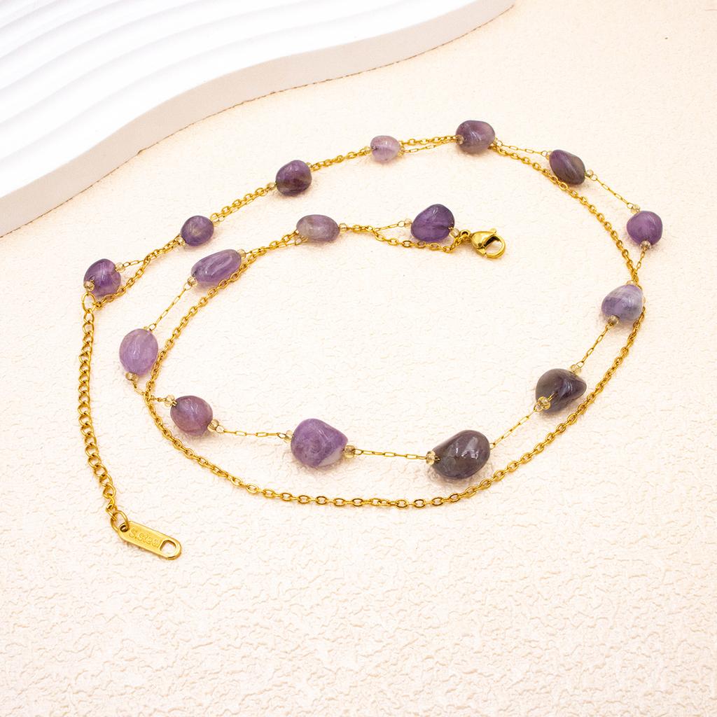 Lila Naturstein zweilagige Halsketten, Edelstahl kurze Halskette Damen, Luxus Schmuck Zubehör Kette