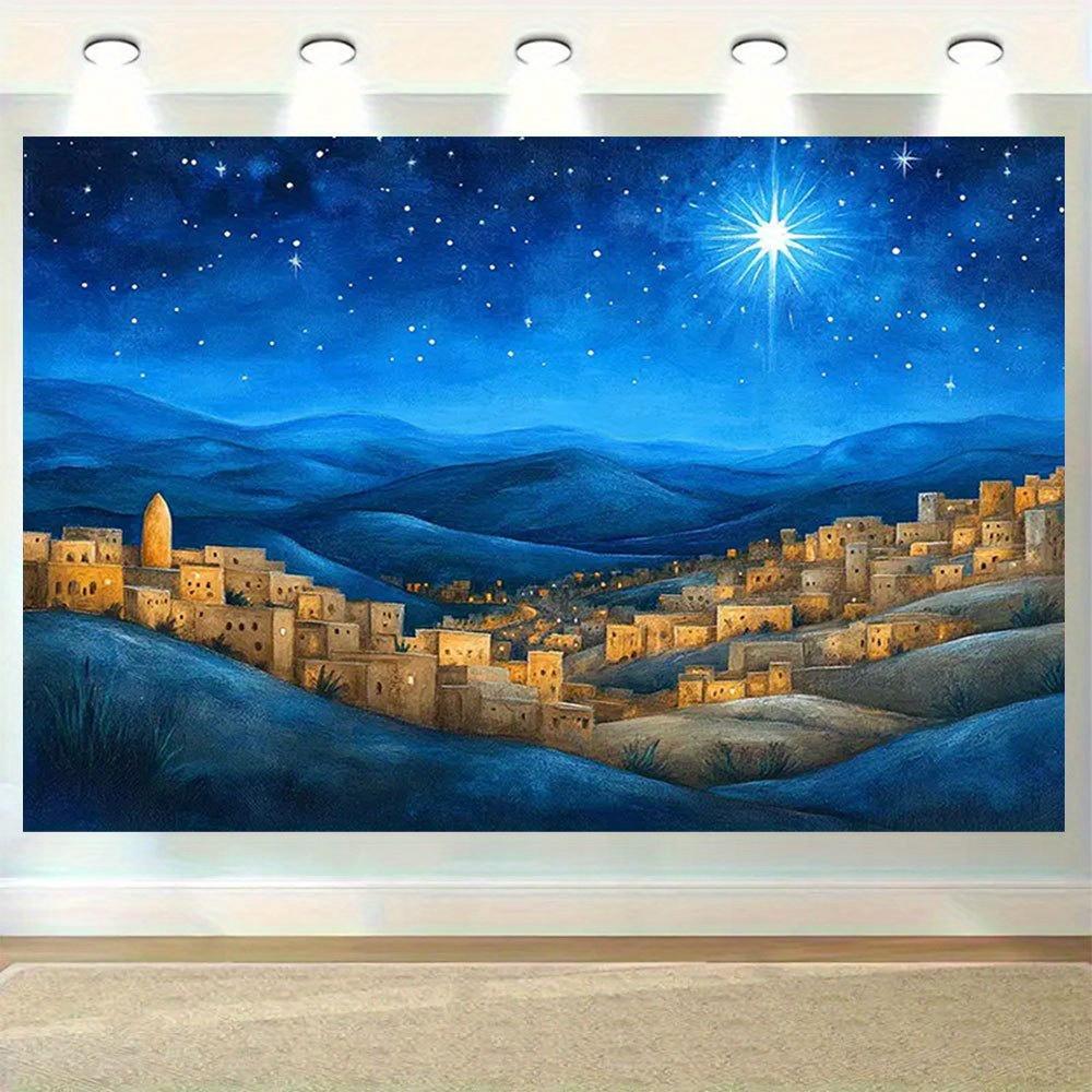 1pc Christmas Birth Scene background with illuminated hills and starry sky - Durable polyester holiday background religious 100x150cm