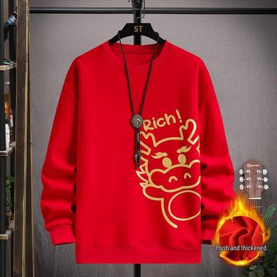 Men's Thickened Red Crewneck Sweatshirt: Warm Fleece-Lined Shirt for Couples, Middle-Aged & Young, Year of Birth Theme.