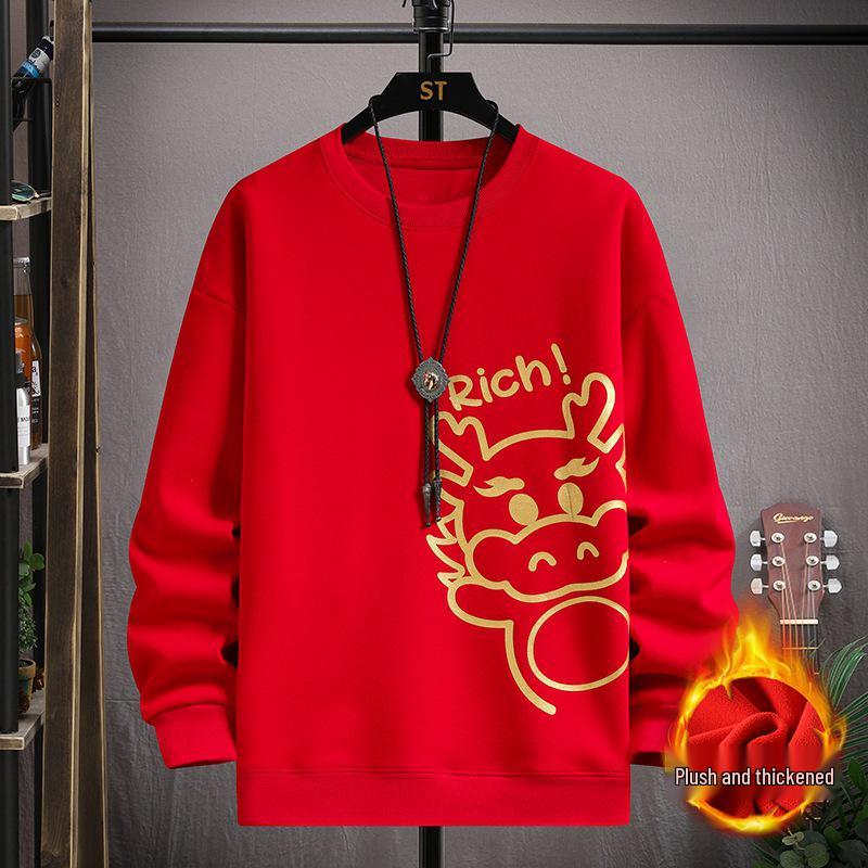 Men's Year of the Rooster Red Hoodie with Fleece: Spring Festival Warmwear