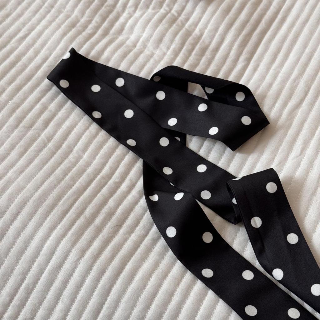 Elegant Polka Dot Silk Scarf & Headband Ribbon: Versatile Hair Accessory for Ponytails or Bags.