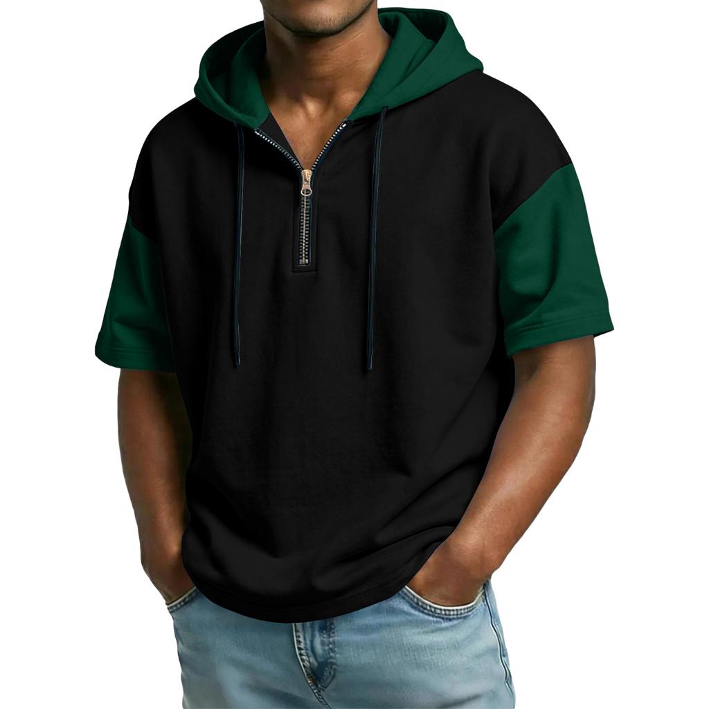 Men's Casual Hooded Zipper Neck Sweatshirt Short Sleeve Top