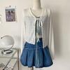 White Tie Up Summer Cardigan Women Sexy Long Sleeve Sheer Mesh Crop Tops Woman Chic All Match Short Printed T Shirt Mujer
