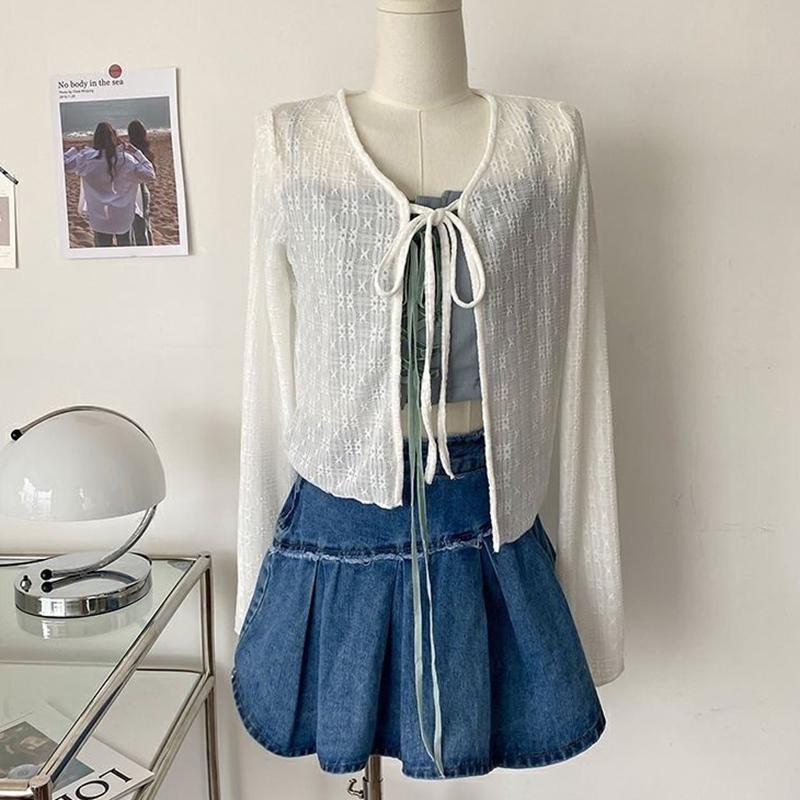 White Tie Up Summer Cardigan Women Sexy Long Sleeve Sheer Mesh Crop Tops Woman Chic All Match Short Printed T Shirt Mujer