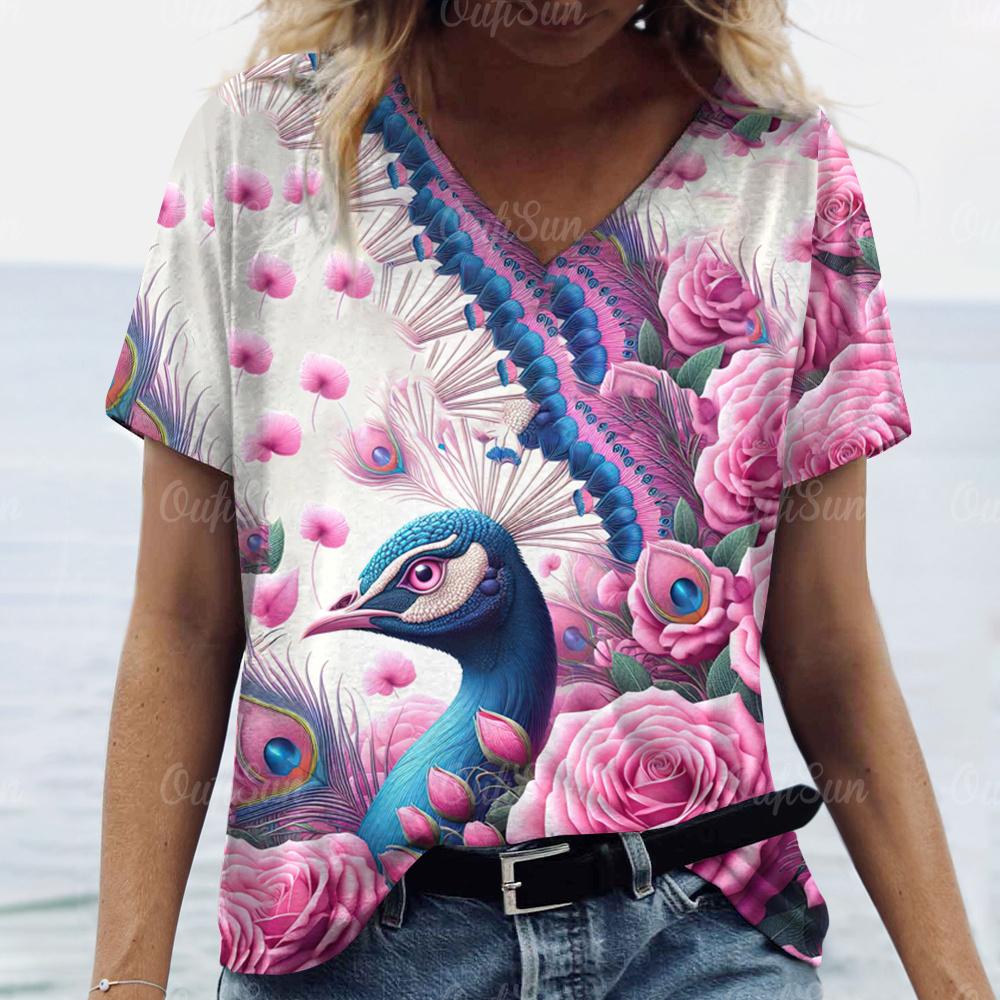 

Футболки с v-образным вырезом и короткими рукавами, летние женские футболки, повседневная одежда, свободные топы с принтом павлина, большие размеры, повседневная одежда 8XL
