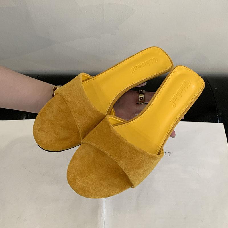 Mode Luxusmode Flock Damen Keilabsatz Hausschuhe Weibliche Pantoletten Sandalen Schuhe Runde Zehenpartie Schuhe Damen Absatz-Hausschuhe Keilabsatzschuhe