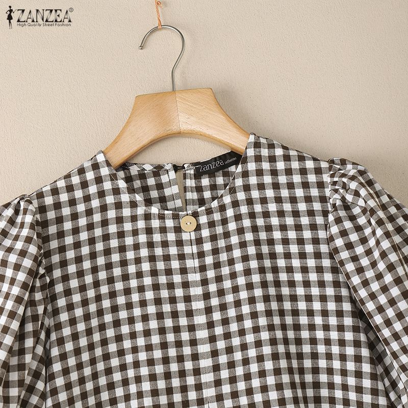 ZANZEA Women Casual Round Neck Short Sleeve Summer Plaid Print Dress