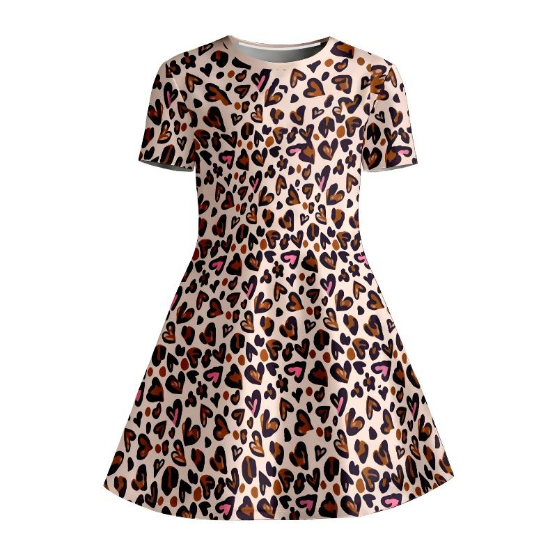 Women's Leopard Print and Pink Heart-shaped Printed T-shirt Dress, Children's Casual A-line Dress Suitable for Birthday Gifts