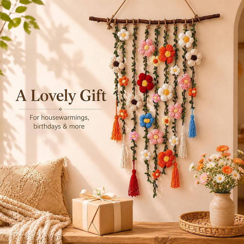 Handmade Bohemian Style Crochet Flower Wall Decoration Pendant Flower Weaving with Hanging Feature for Home Decor