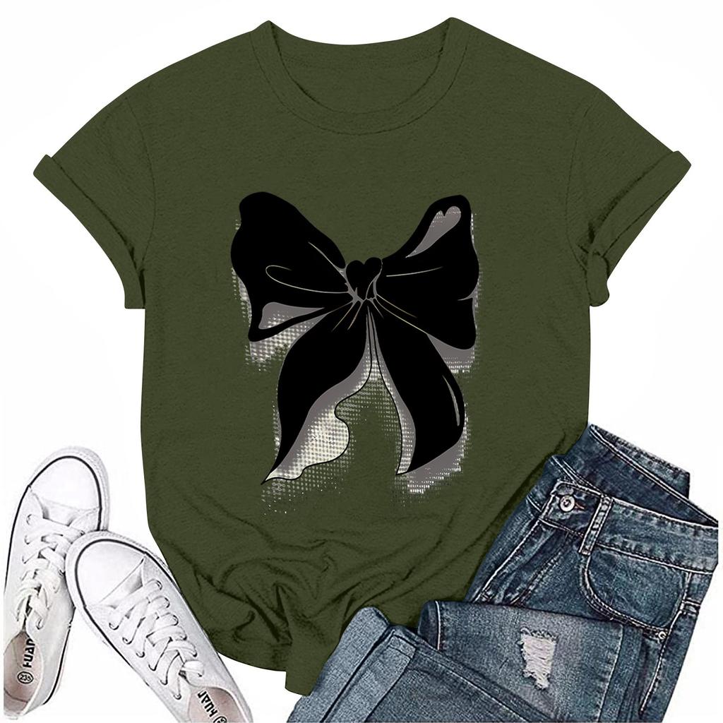 Ladies' Loose Comfortable Casual Fashionable  Bow Pattern Printed Round Neck Short Sleeved Shirt
