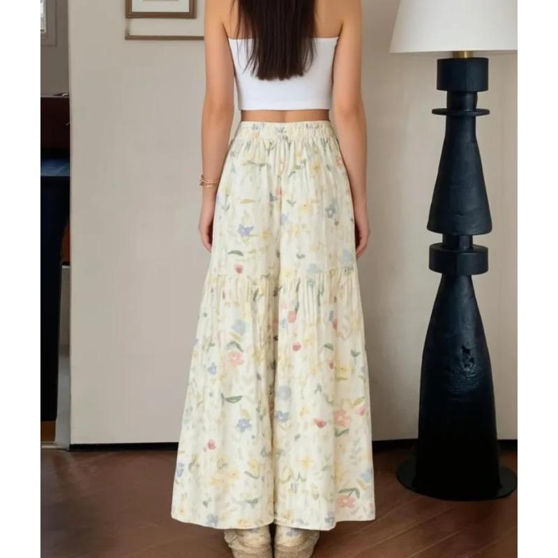 Summer Floral Pants Women's High Waist Loose Thin Wide Leg Elegant Skinny Versatile Straight Pants Trousers