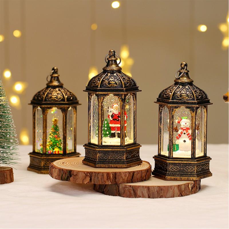 Christmas Decorative Hexagonal Water-Filled Lantern With Santa Snowman Tree Reindeer Design Holiday Tabletop Lighting